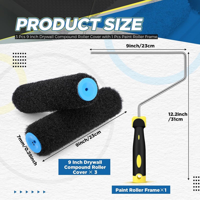 Threlaco 3 Pcs 9 Inch Drywall Compound Roller Cover with 1 Pcs Paint Frame, Drywall Texture Brush, Mud Roller for Putty, diatomaceous Earth, molding Paste, Textured coatings - Image 2